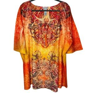 Catherines Women Rhinestone Tunic Top 2X Resort Tropical Boho Hippie Flowy